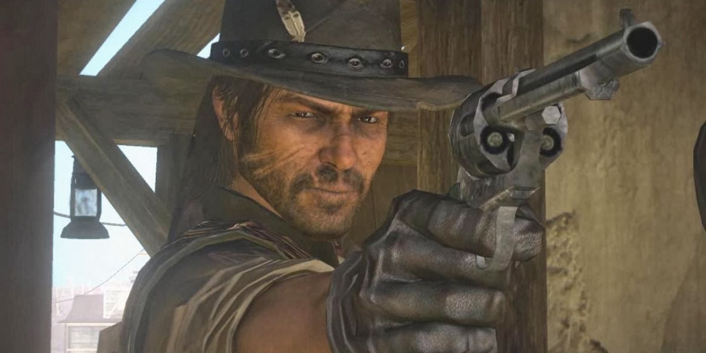 John Marston looking at the camera while aiming his revolver with his right hand.