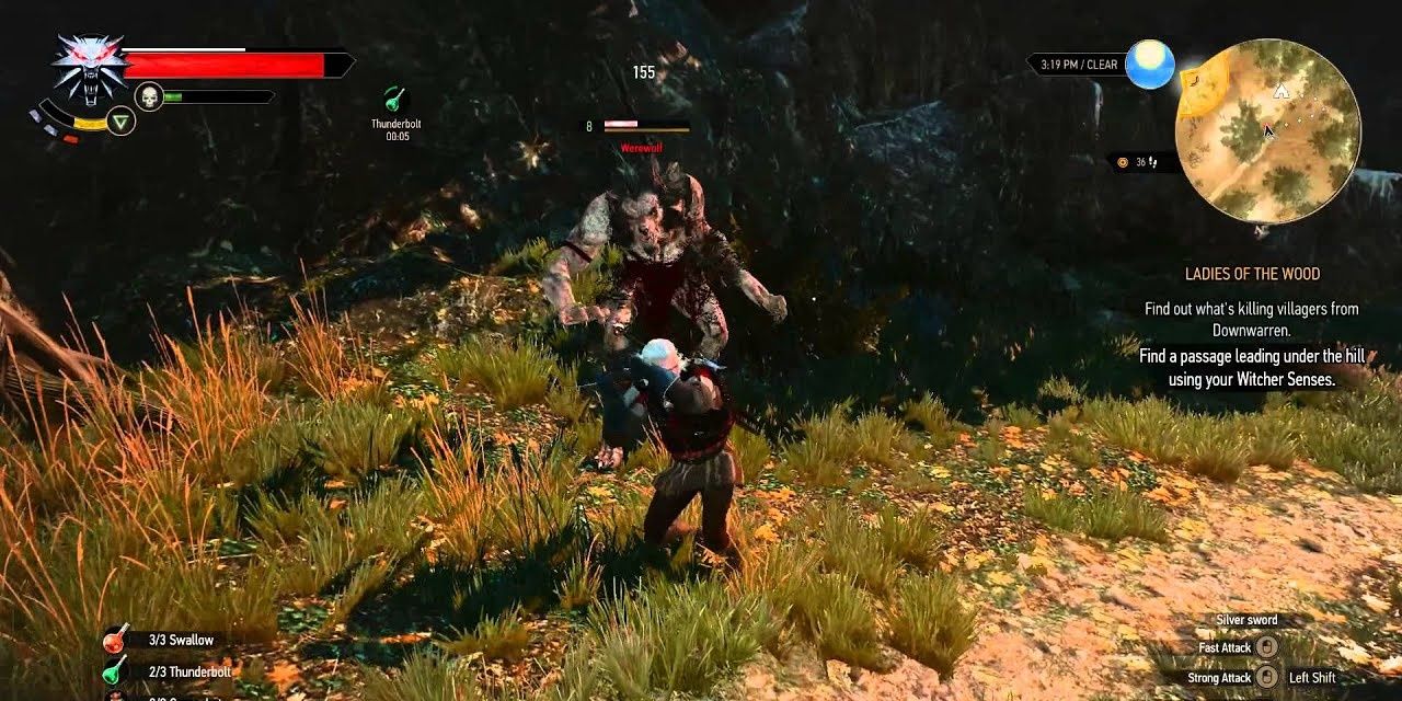 Geralt fighting a werewolf outside of Downwarren