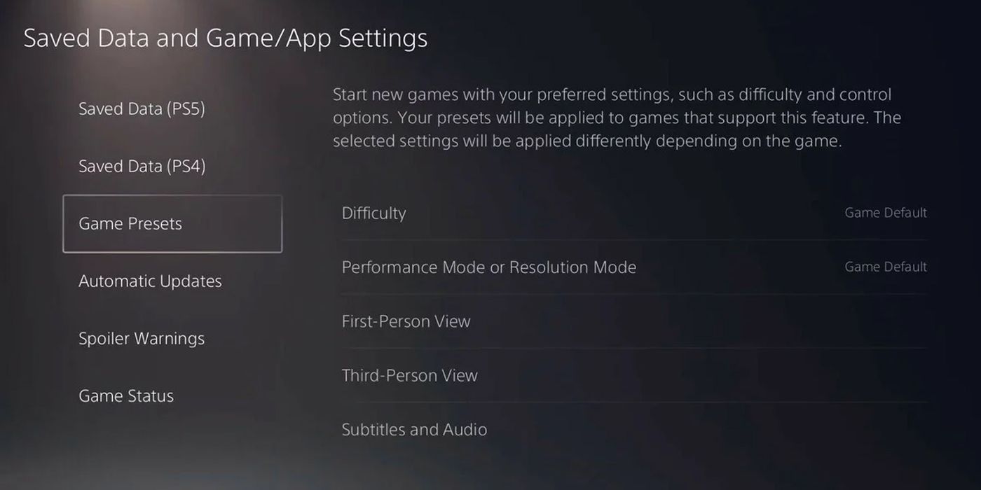 game presets ps5