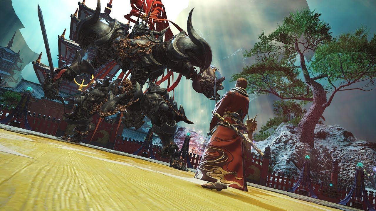 Character facing off against large monster