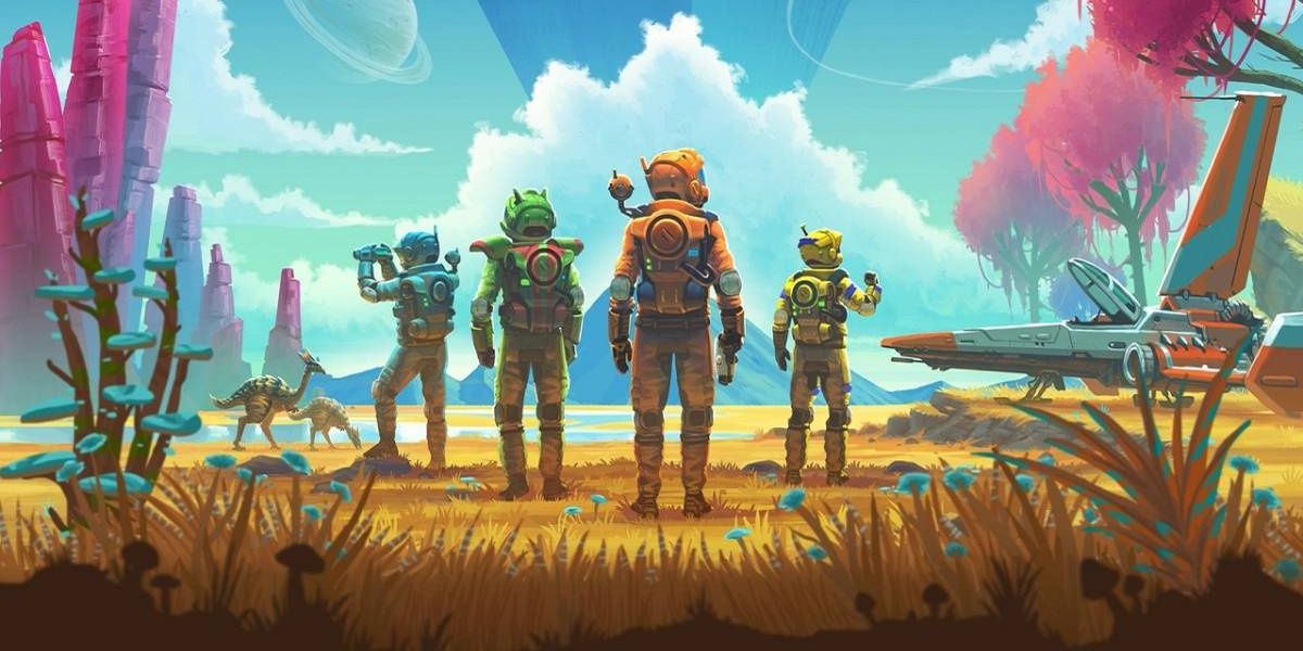 Four astronauts exploring a planet in No Man's Sky