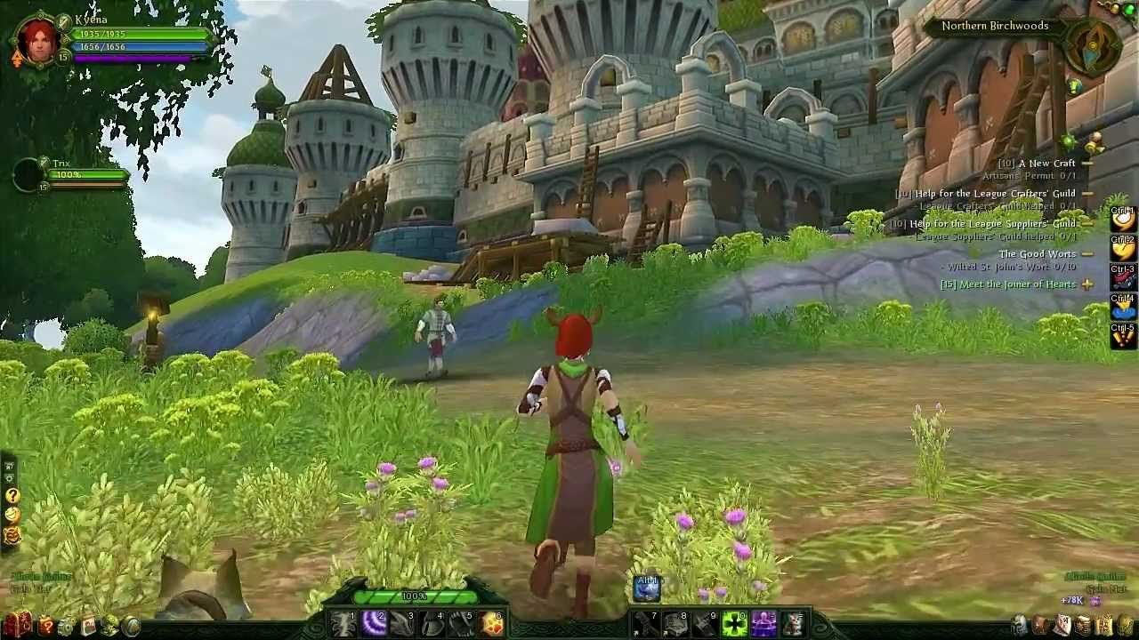 Character running through field to castle