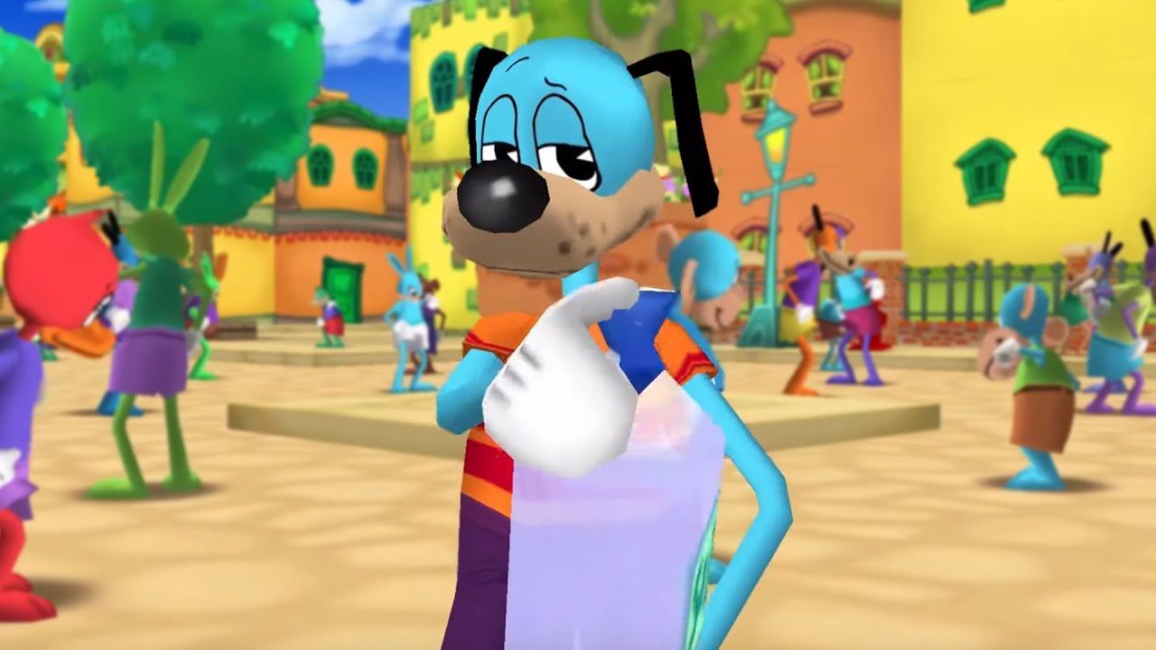 Blue dog standing in town square