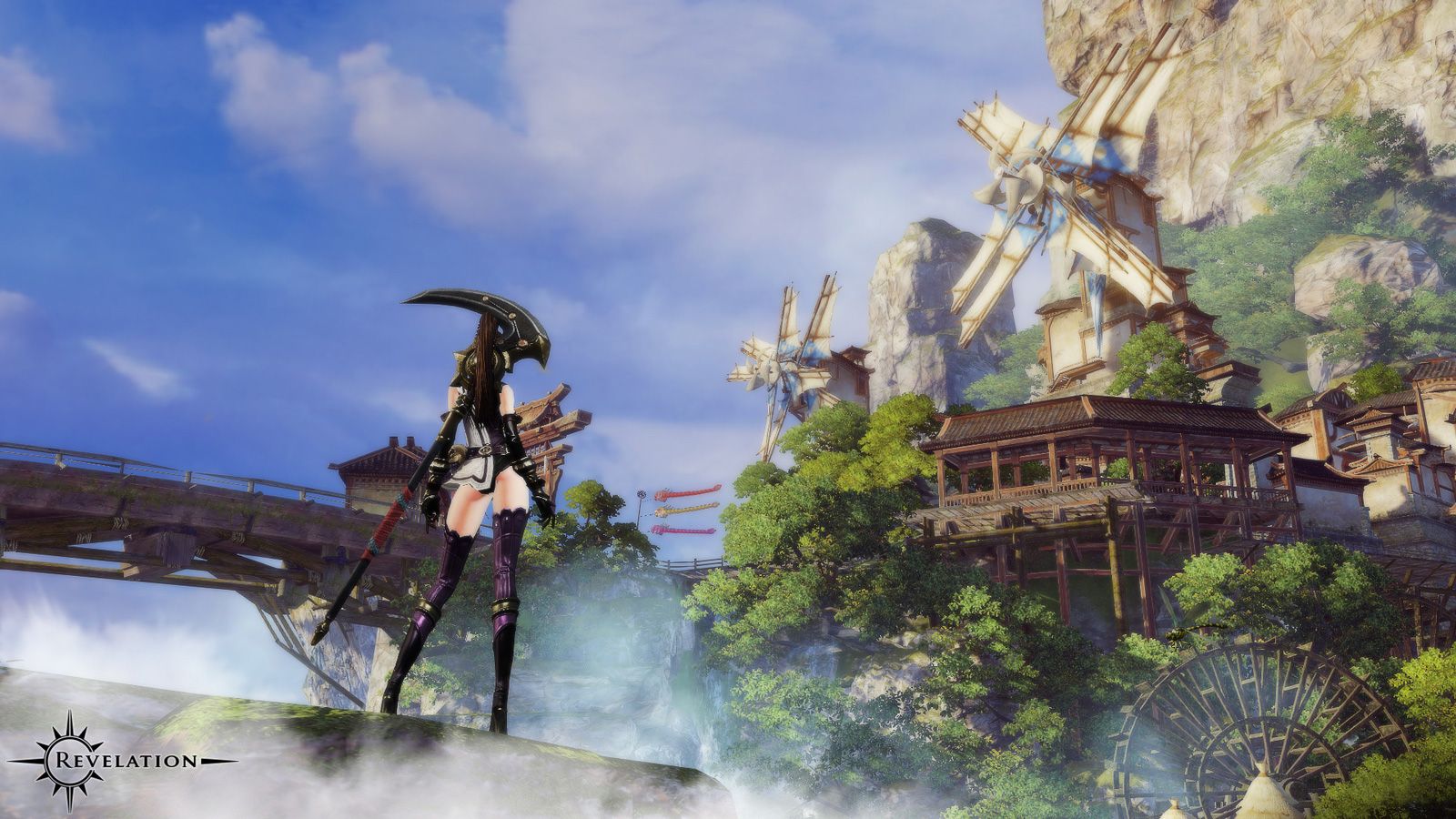 Character standing looking at mountainside village