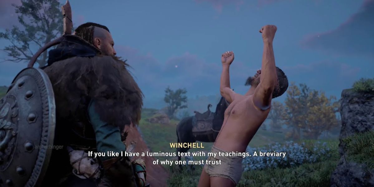 Male Eivor talking to Winchell, the nudist guy, in AC Valhalla