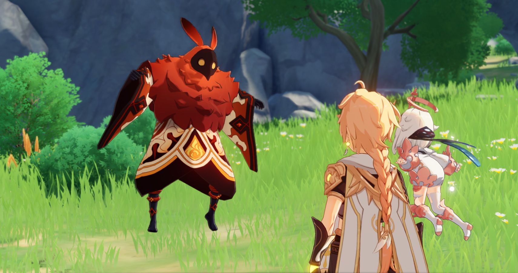 Genshin Impact: The Traveler Talking To A Pyro Abyss Mage
