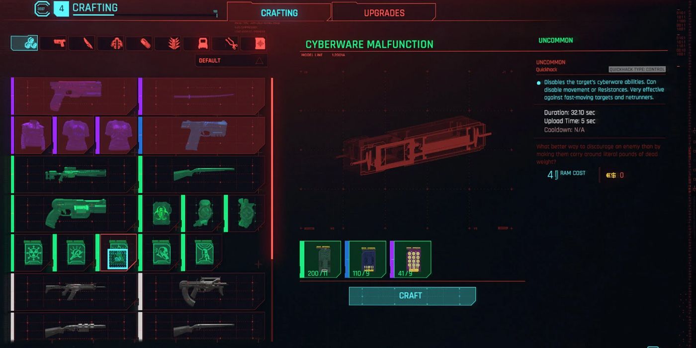 Cyberpunk 2077: Crafting Menu