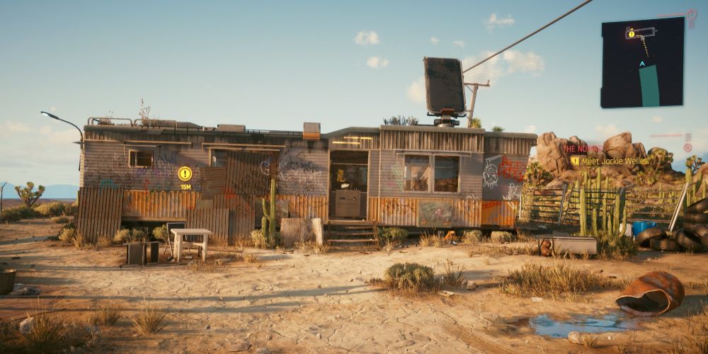 Ramshackle building outside of Night City in Cyberpunk 2077