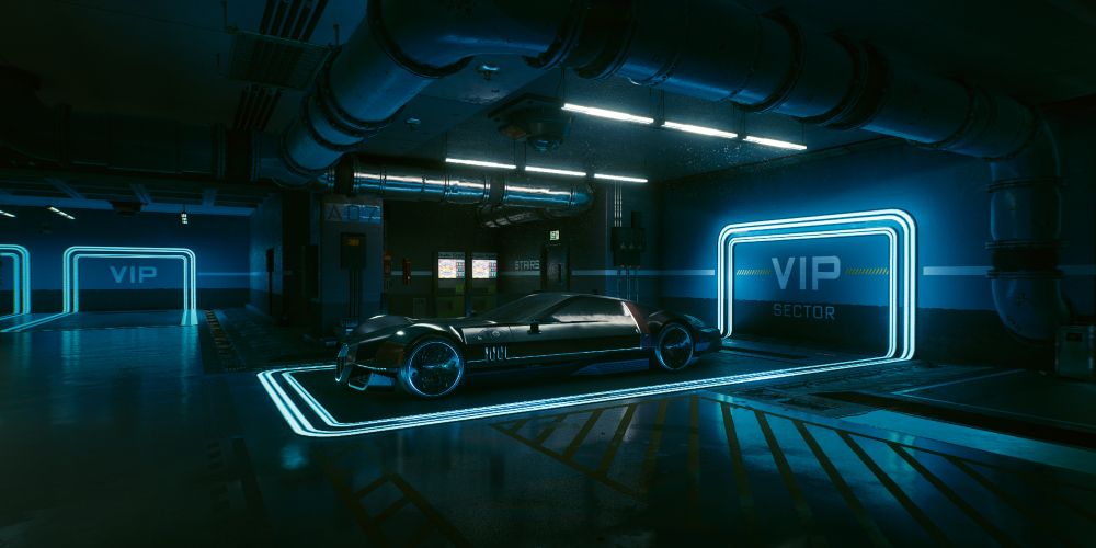 V arriving to steal a luxurious car in a garage, in Cyberpunk 2077.