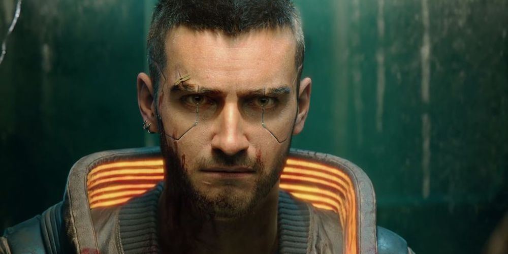 Cyberpunk V looking in a mirror