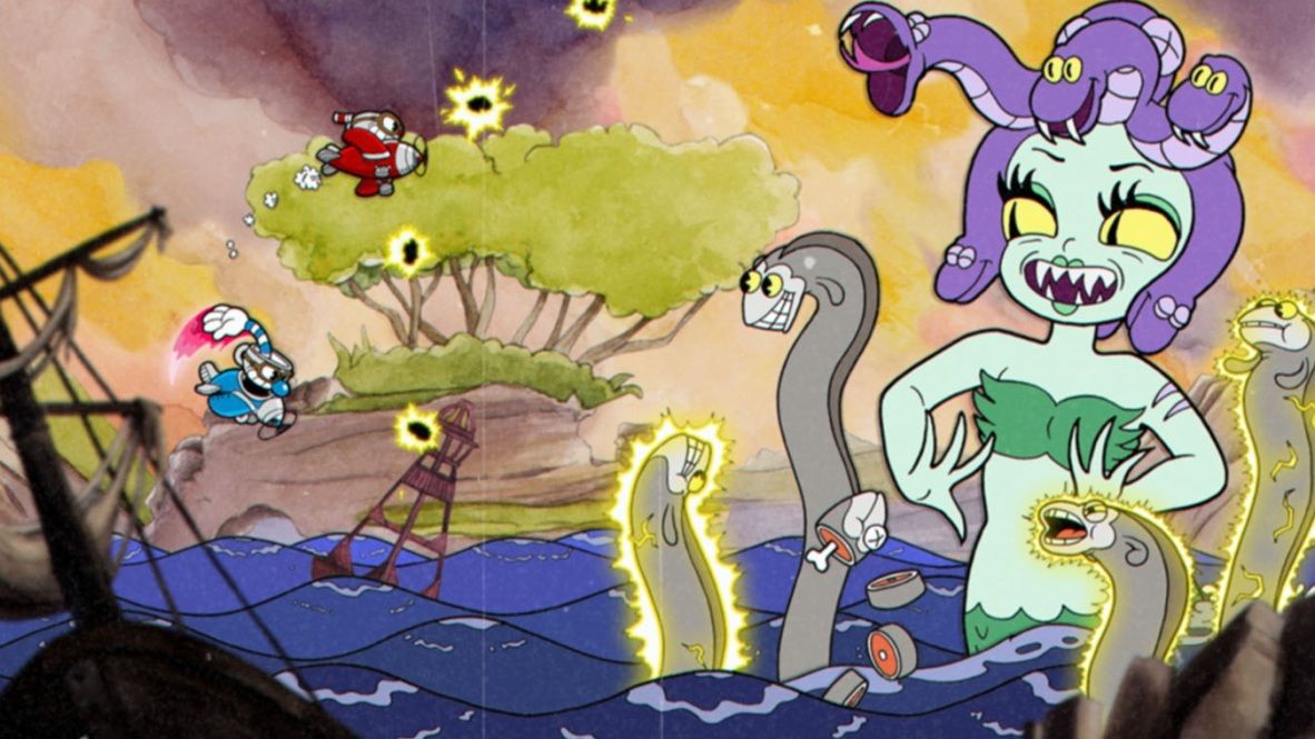 Cupheard flying in a plane attacking a medusa creature