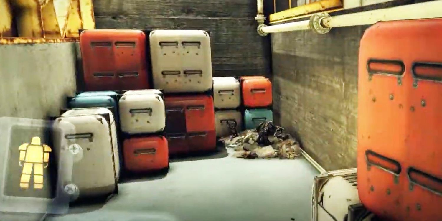 Destroyed Assaultron Among Vault-Tec Containers