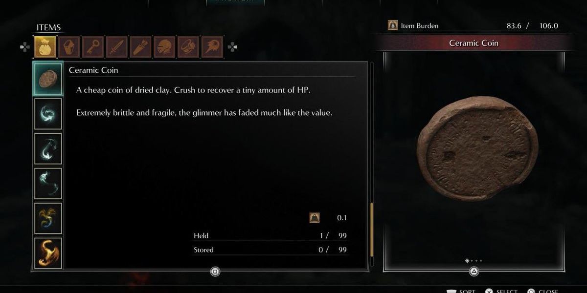 Item Menu in Demon's Souls Ceramic Coin