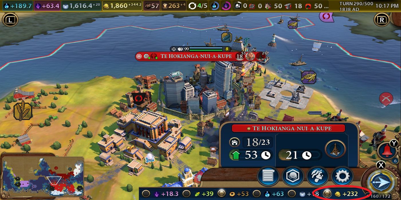 Civilization 6 Screenshot with a circle showcasing the player's financial amount