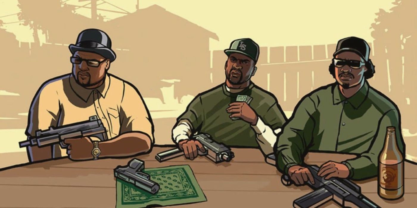 Official GTA:SA artwork of Smoke (left), Sweet (middle) and Ryder sitting together