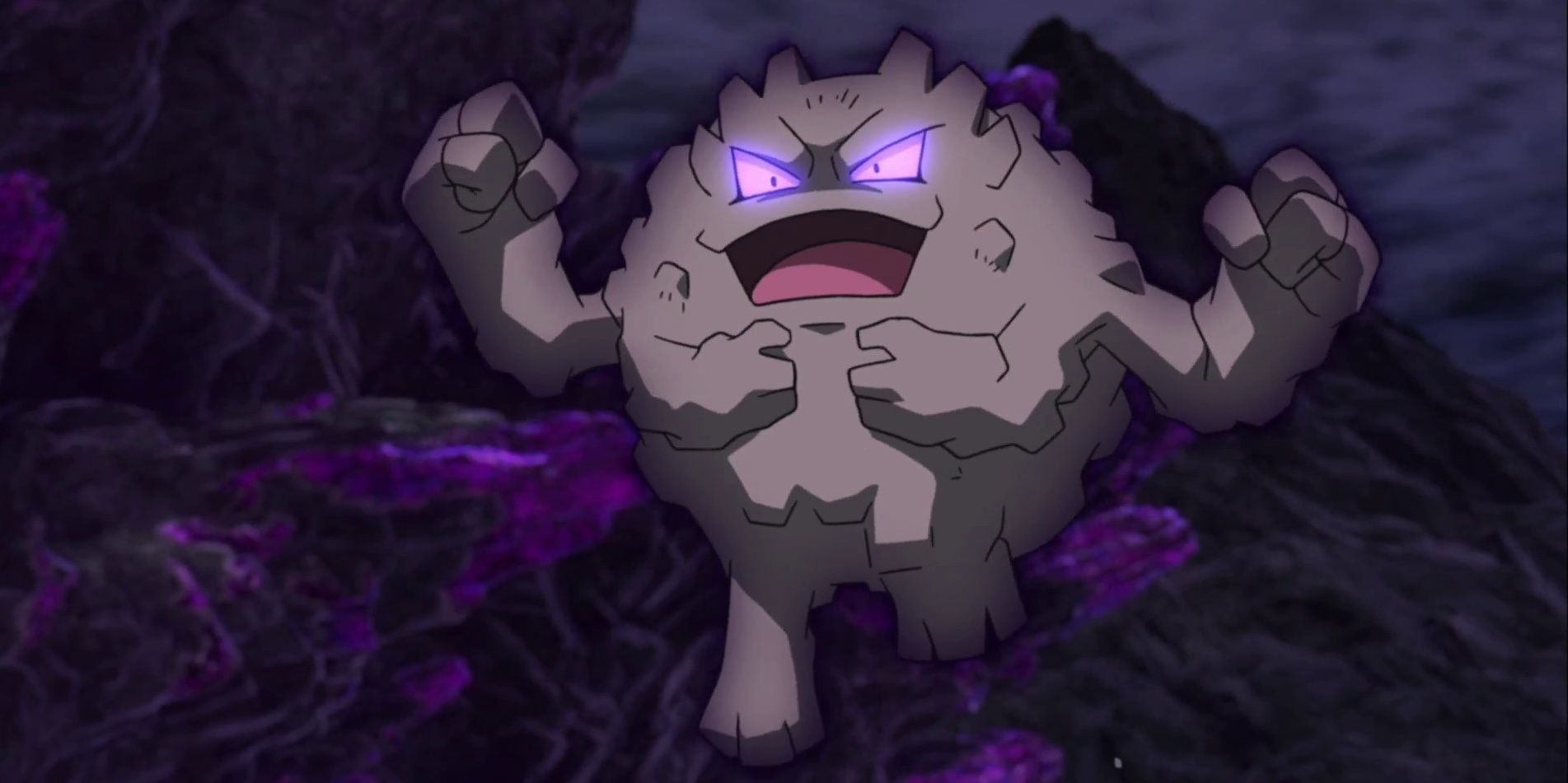 Graveler in a cave attacking with purple eyes