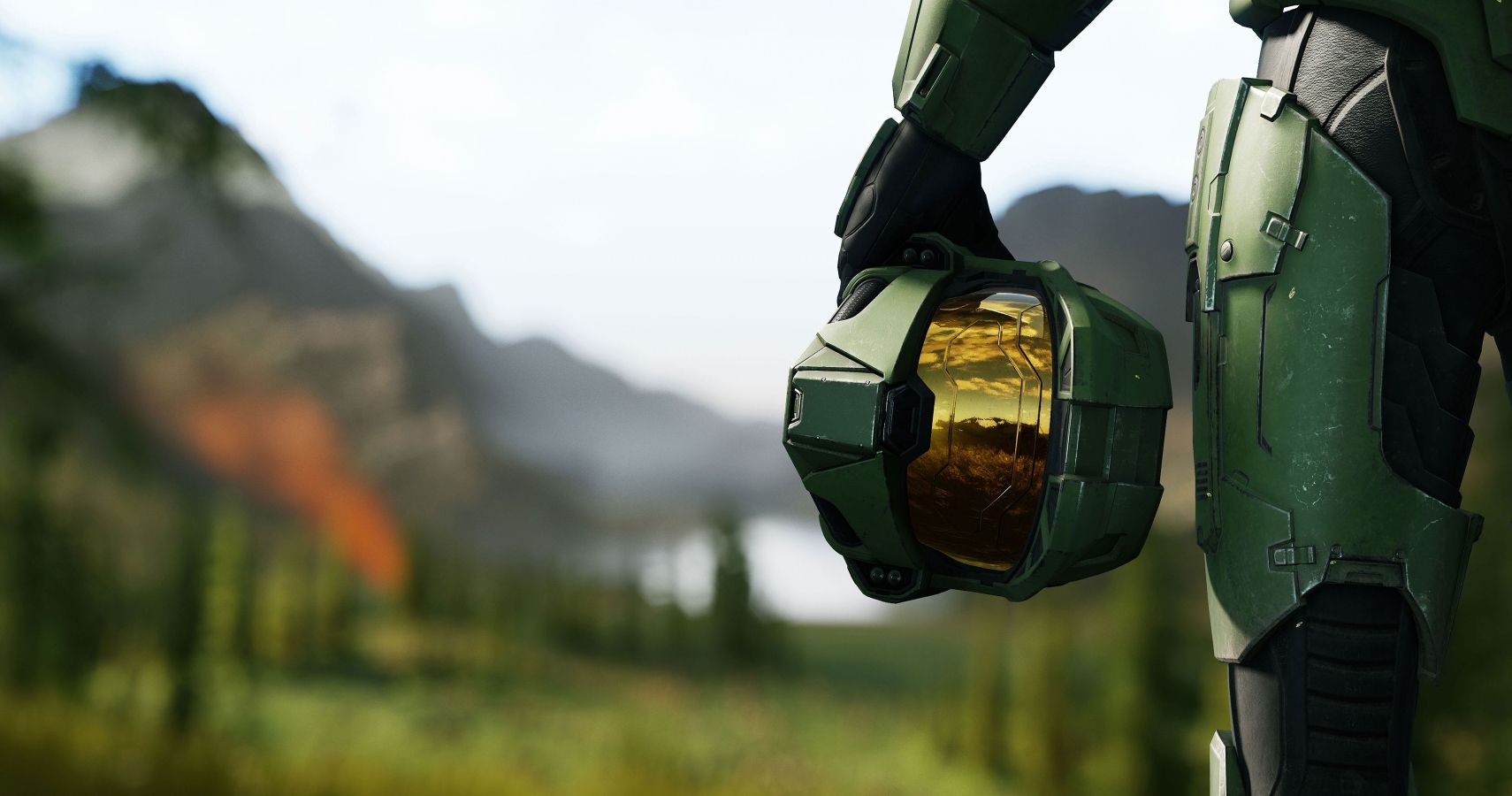 Master Chief holding his helmet from Halo Infinite trailer