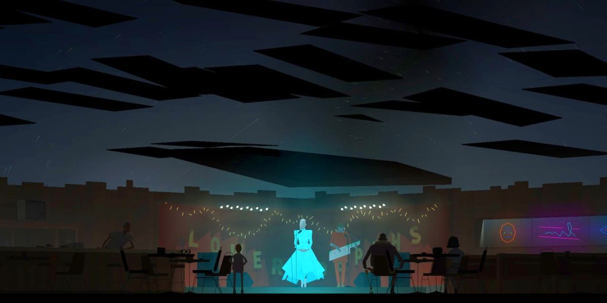 A screenshot from the game deaturing one of the characters signing