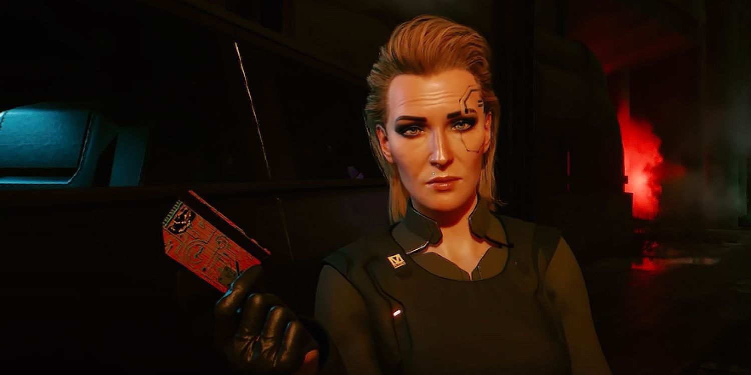 Meredith Stout holding a credchip in Cyberpunk 2077.