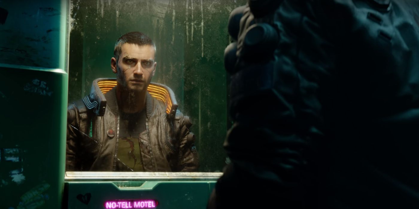Cyberpunk 2077: V Looking In A Mirror During One Of The Cinematic Trailers