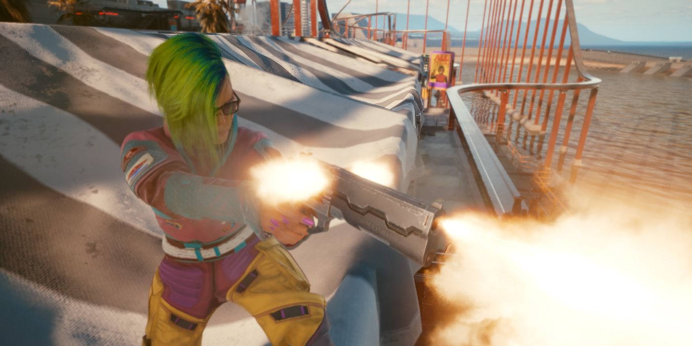 Cyberpunk 2077: V Unloading A Blast From A Very Powerful Pistol
