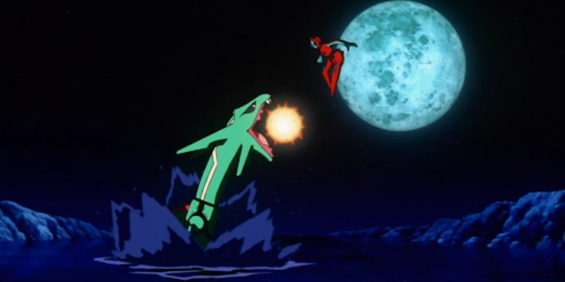 Raquaza using Hyper Beam on Deoxys in a Pokemon anime movie