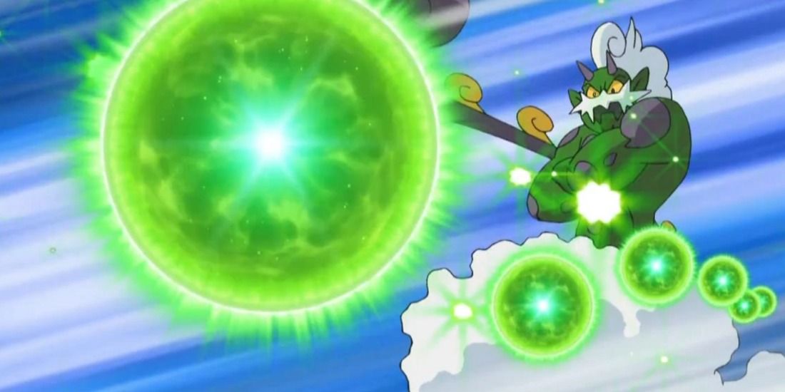 Tornadus using several balls of energy at high speed from the Pokemon anime