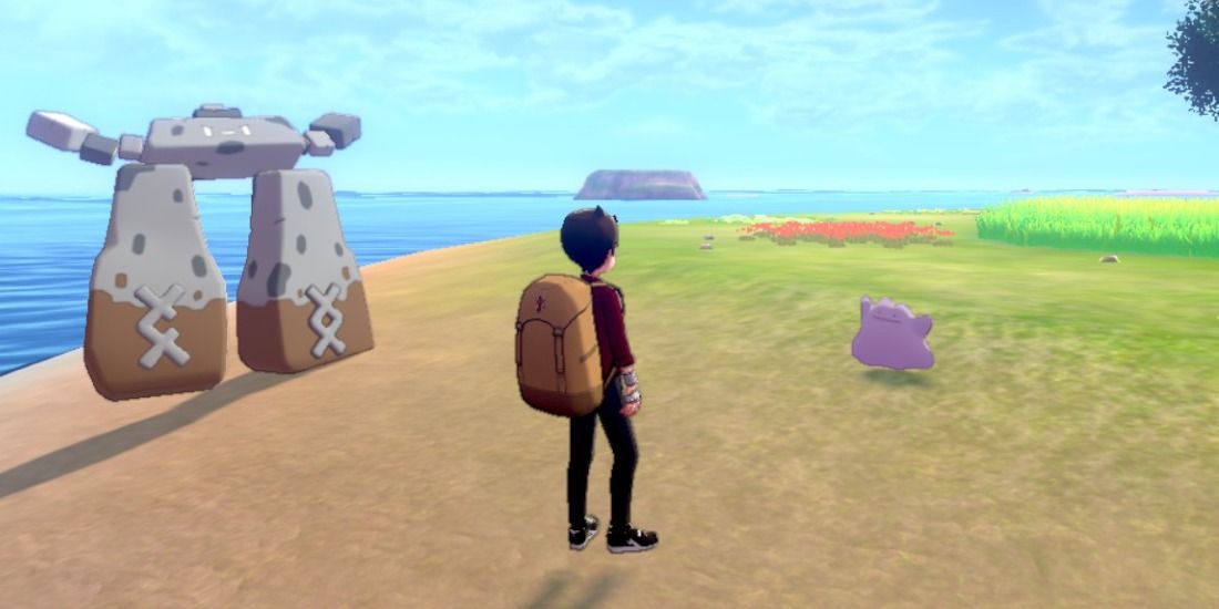 Ditto and an angry Stonjourner in the Workout Sea in Pokemon Sword & Shield