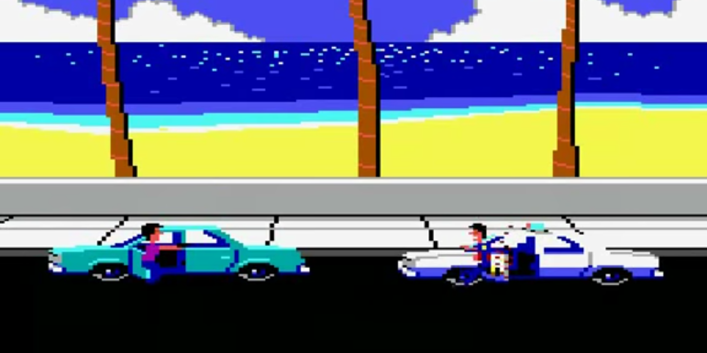 An officer faces a suspect with a gun in Police Quest