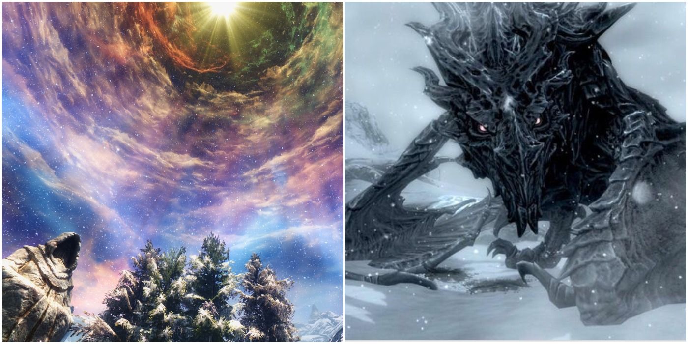 Sovngarde's sky and Alduin at the Throat of the World in Skyrim
