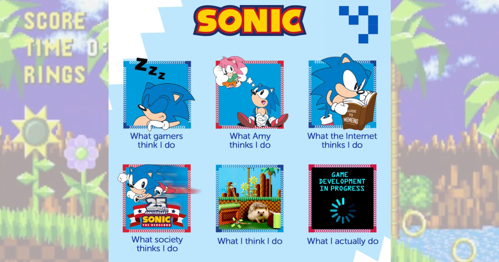 What people think meme. Shows sonic doing different hings. Sleeping under gamers, thinking of Amy under Amy, reading memes under the internet, his traditional speed pose under society, the emerald zone under himself and a game development in progress sign under what he actually does.