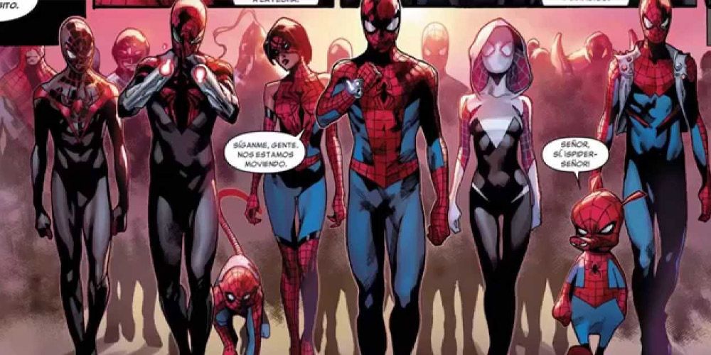 Multiple versions of Spider man standing together