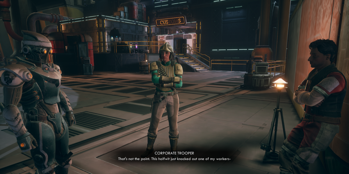 Felix getting confronted by guards in The Outer Worlds