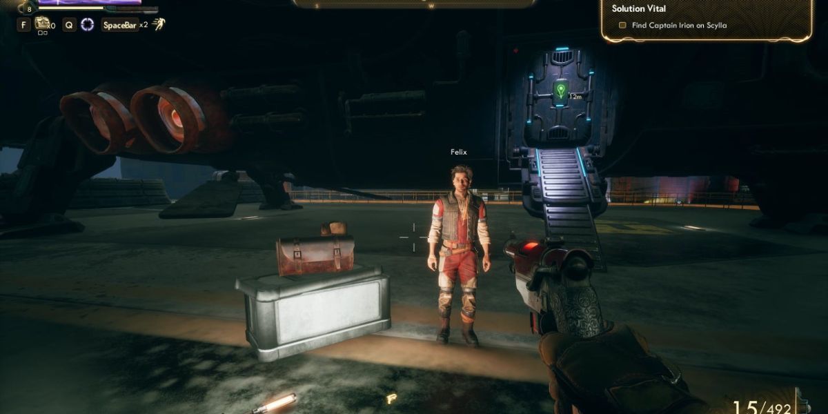 Felix standing in front of the players ship. The Unreliable in TOW