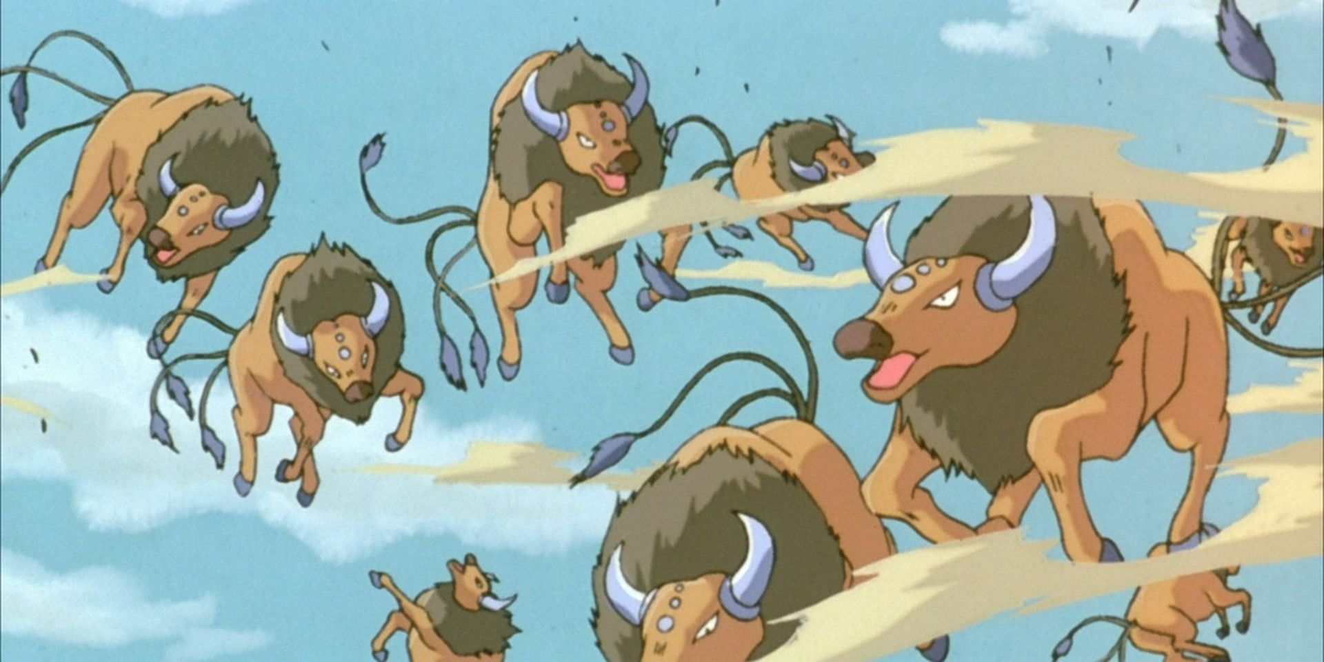A herd of Tauros' flying though the air