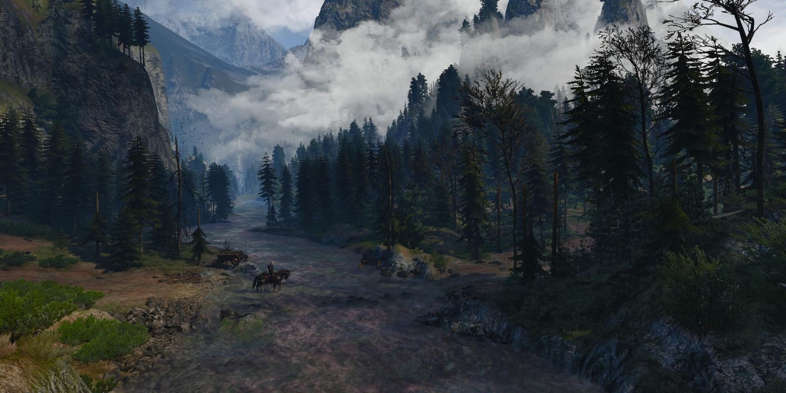 Two riders crossing the river near the Kaer Morhen keep.