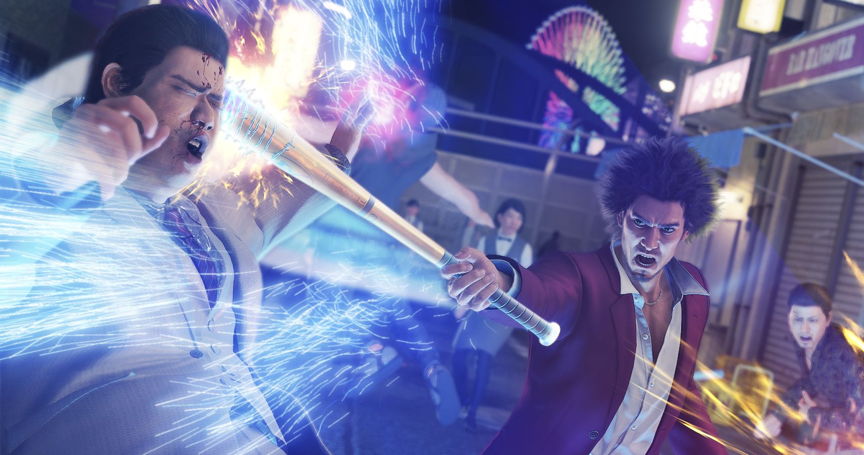 Main character hitting someone with a baseball bat