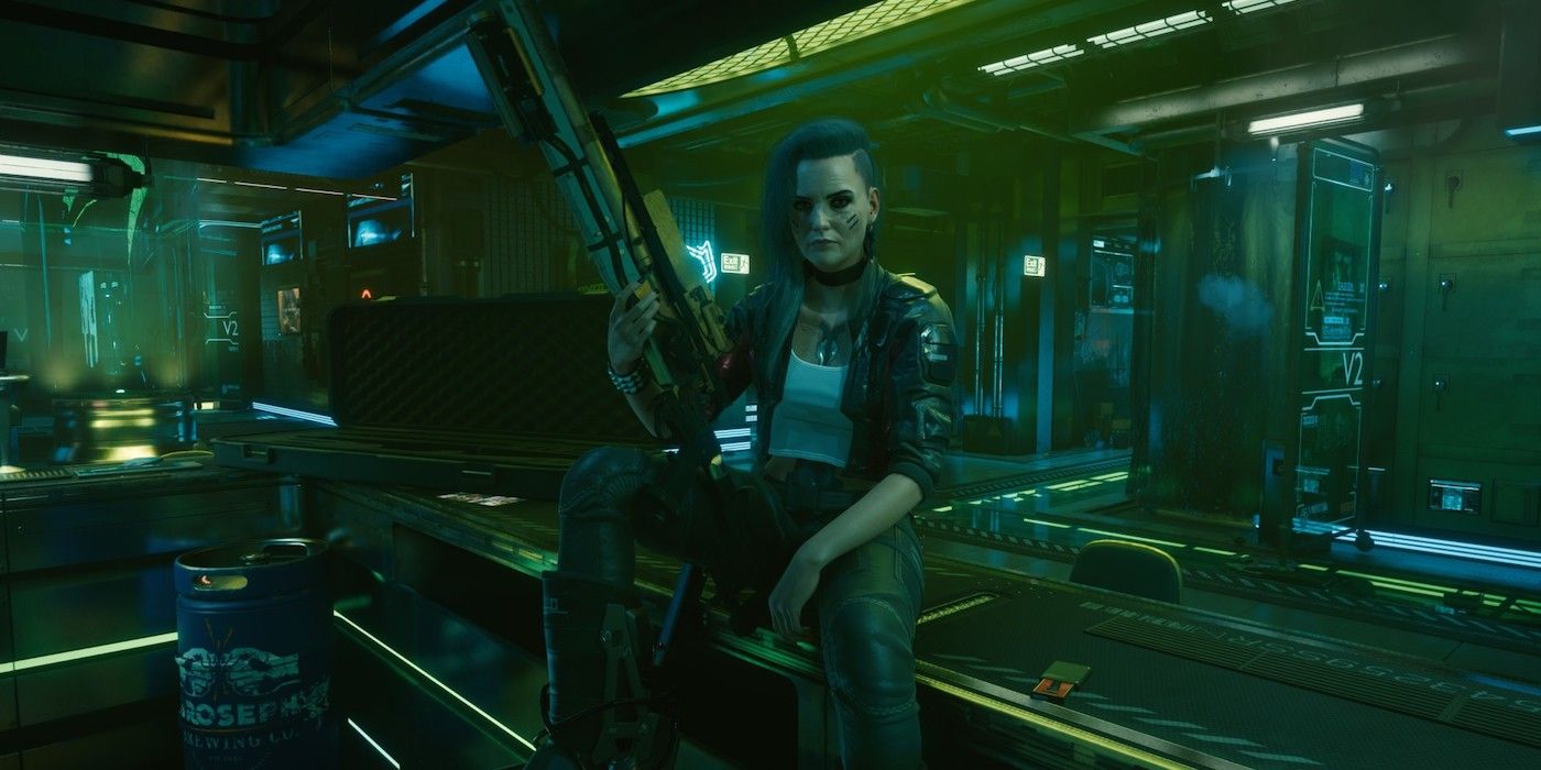 cyberpunk 2077 rogue holding a gun.
