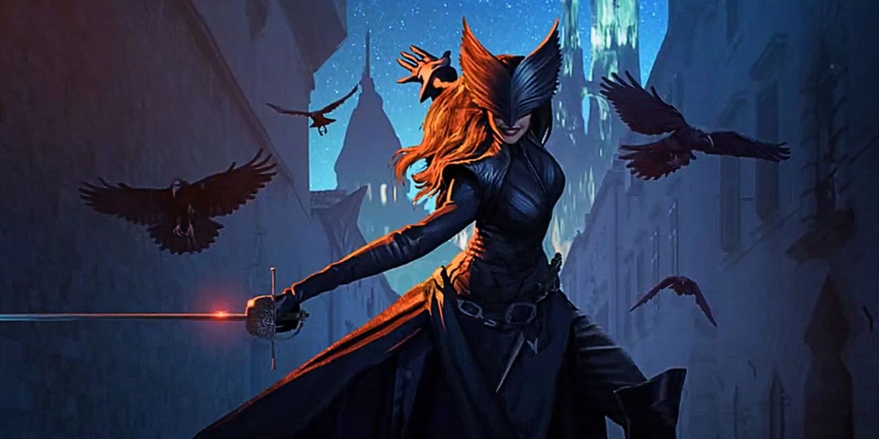 masked woman with sword and crows