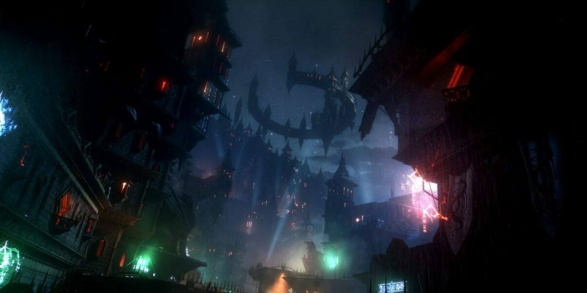 gothic city with floating building and neon lights