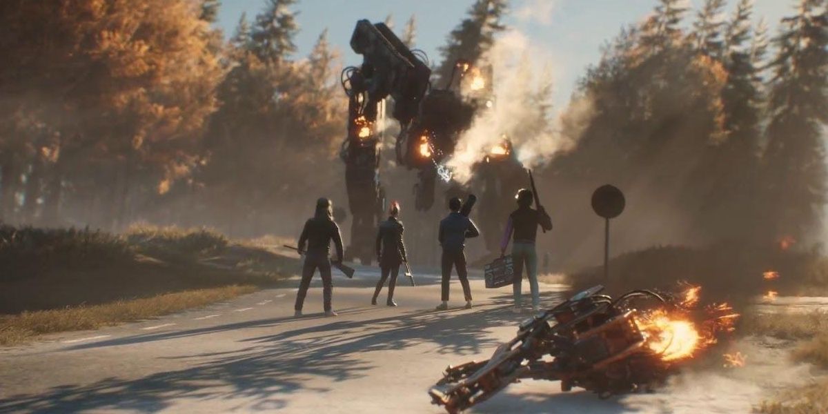 Four kids shooting a machine in Generation Zero