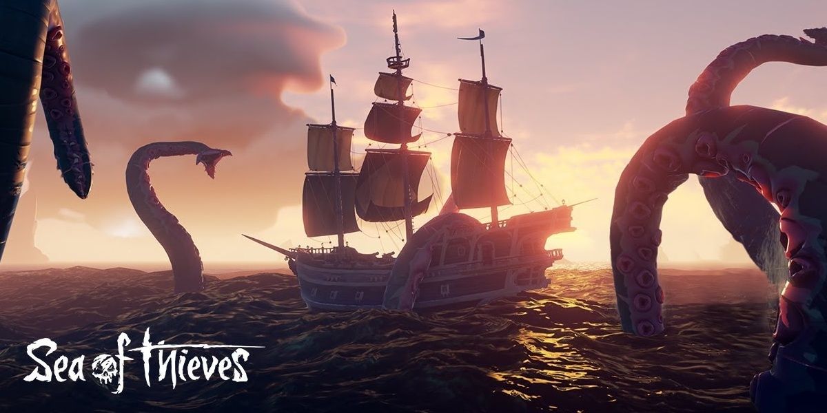 A pirate ship in Sea Of Thieves about to be attack by the Kraken