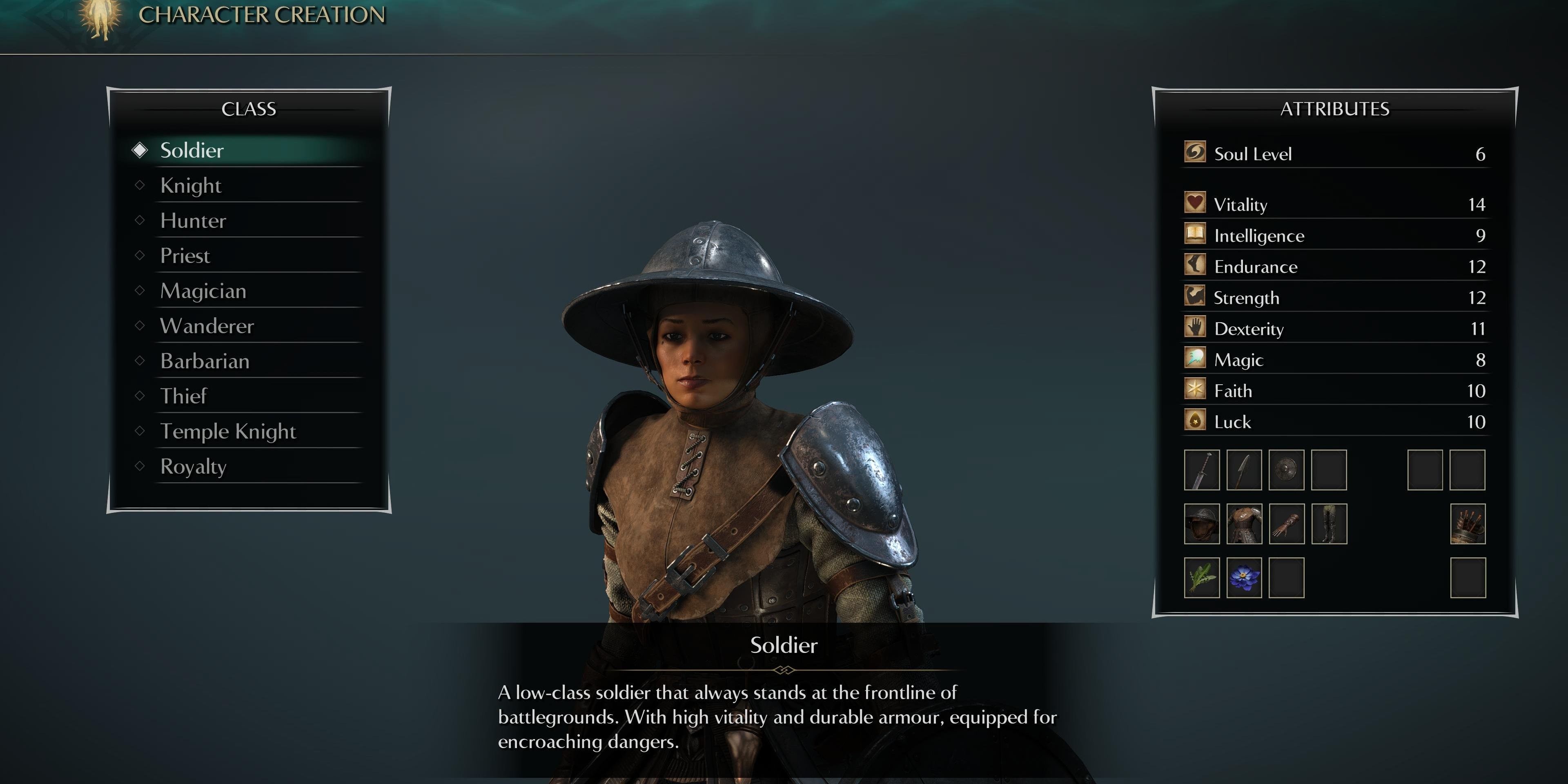 the soldier class in demon's souls character creation