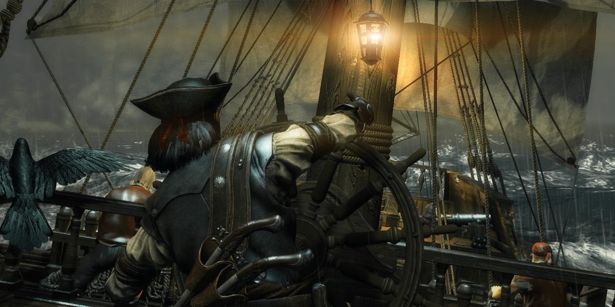 A pirate sailing a ship in Raven's Cry