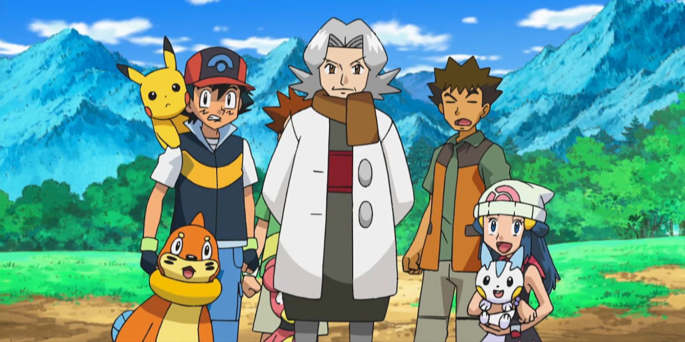 Ash, Pikachu, Brock, Dawn, Buizel, Pachirisu, Bertha; Pokemon Anime