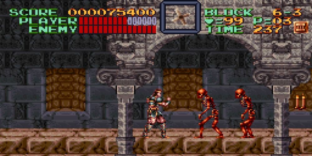 Simon fighting off skeletons in Super Castlevania 4.