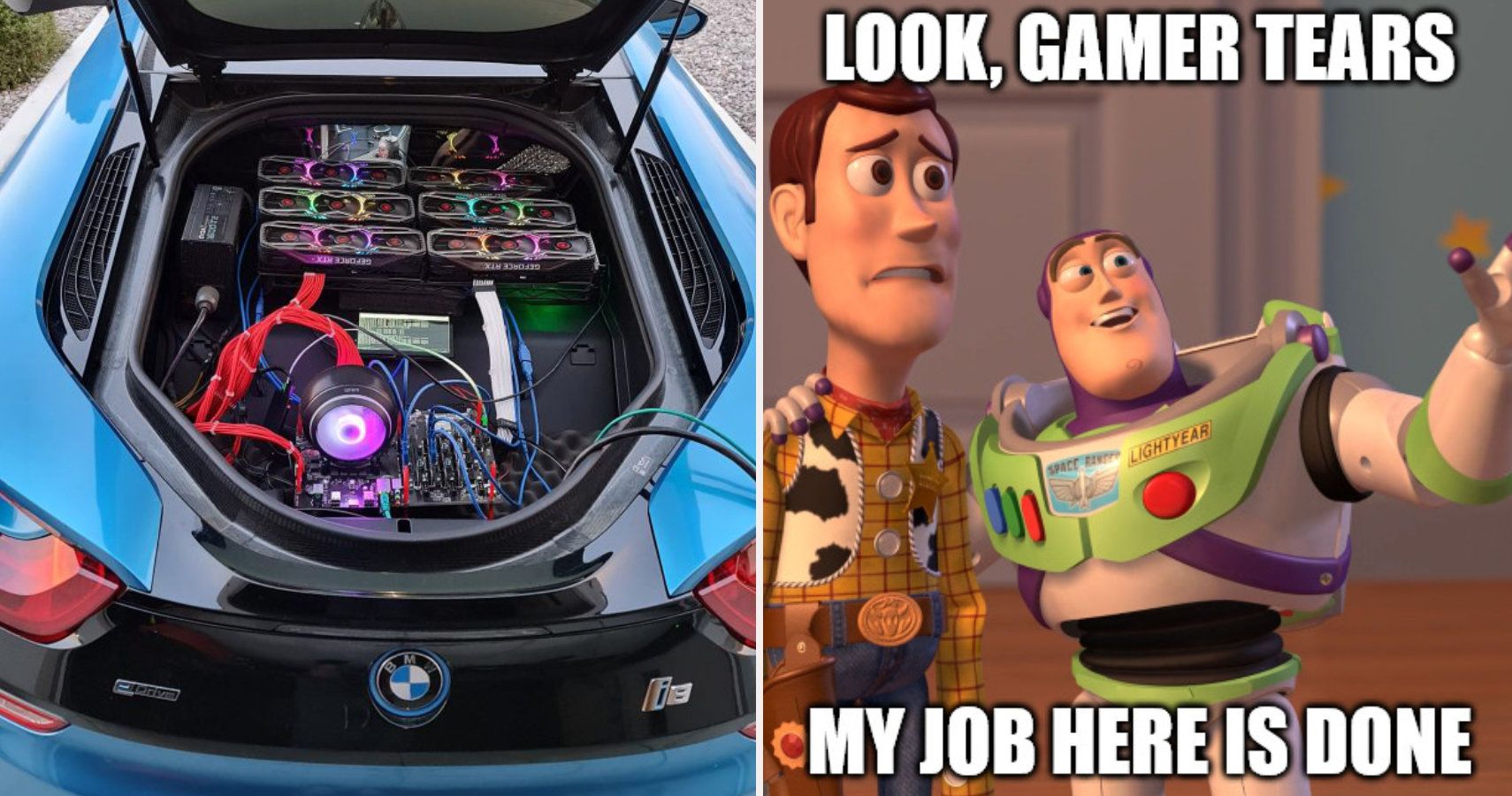 left side crypto rig in car, right side gamer tears toy story meme.