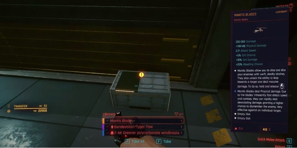 Cyberpunk 2077 Legendary Mantis Blades In Crime Scene Chest