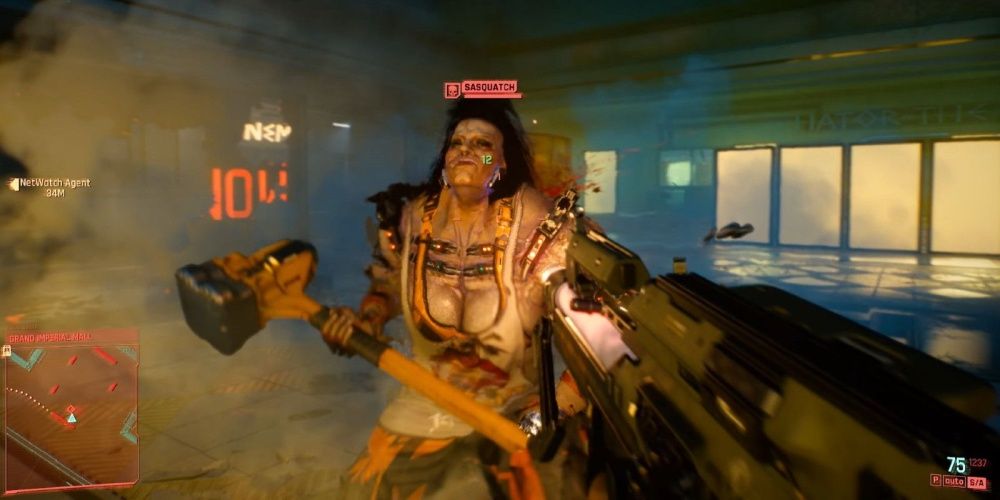 Cyberpunk 2077 V Fighting Sasquatch With An Assault Rifle