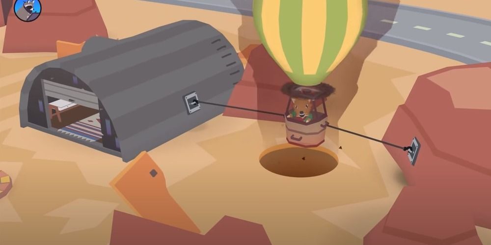 Dount Country screenshot of a hole trying to suck down someone in a hot air balloon.